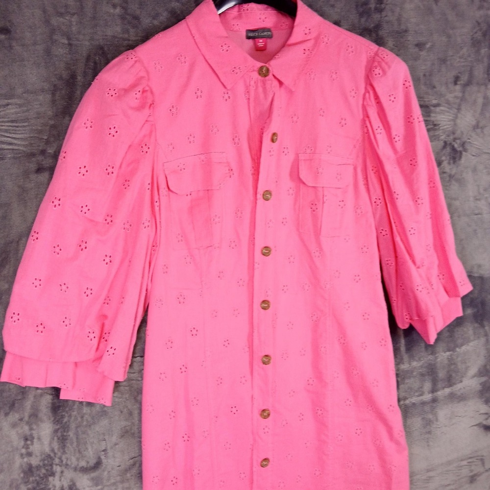 Vince Camuto Dress Womens 14 Pink Eyelet Button Front Cotton Shirt Puff Sleeve - Picture 5 of 11